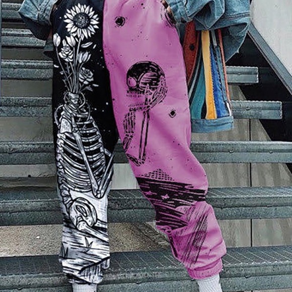 Skull Sunflower Print High Waist Sweatpants - Picture 2 of 2